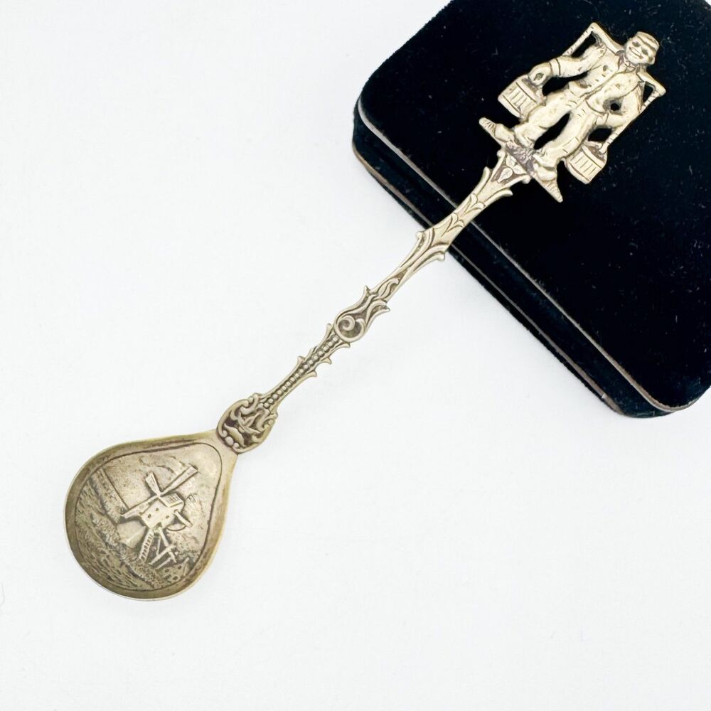 Vintage Dutch Souvenir Spoon Man Carrying Buckets Embossed Windmill Holland Bowl